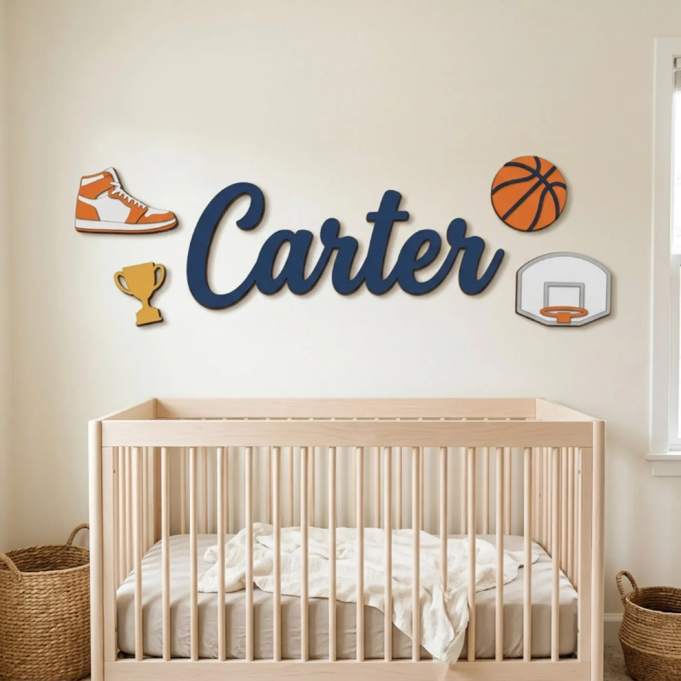 Basketball sign with the name Carter above a crib