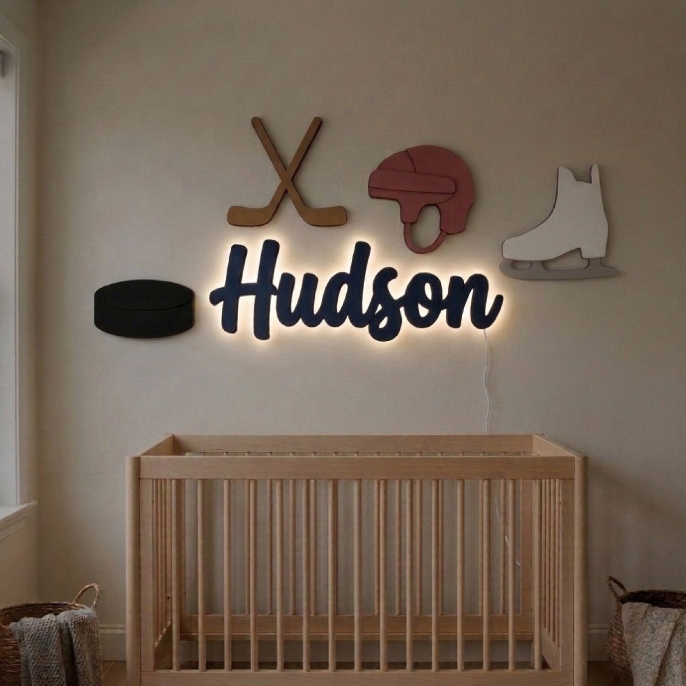 Hockey sign with the name Hudson: with the backlight on