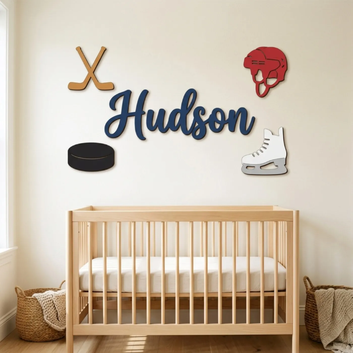 Hockey sign with the name Hudson above a crib