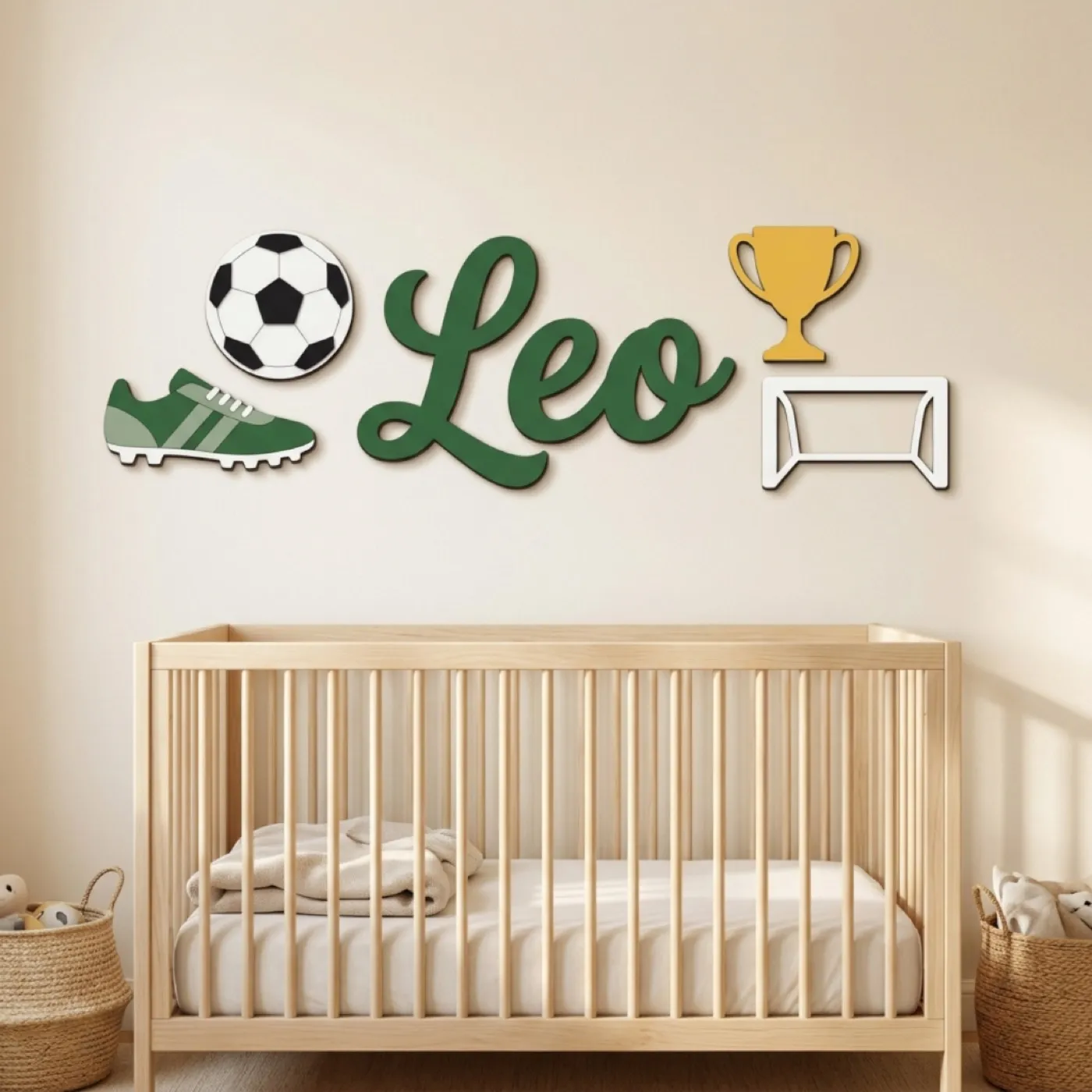 Soccer sign with the name Leo above a crib