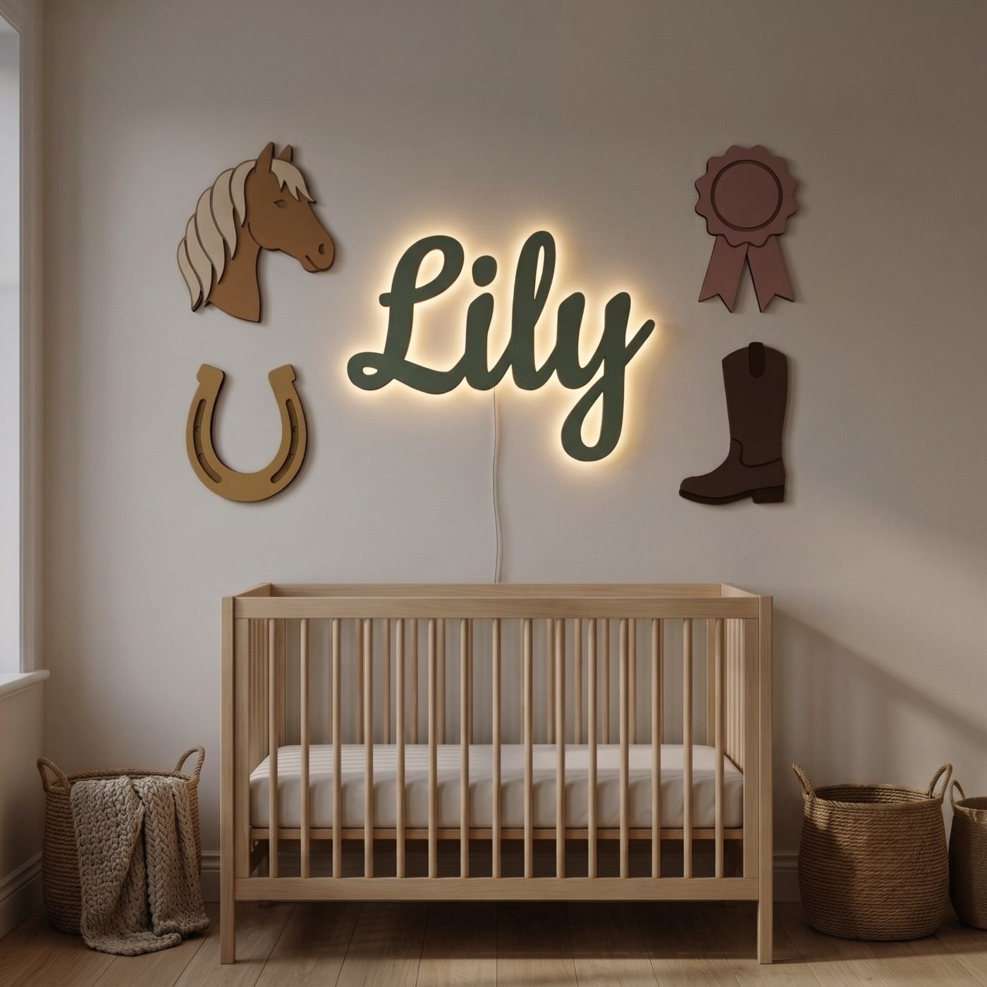 Horse & Ribbons sign with the name Lily: with the backlight on