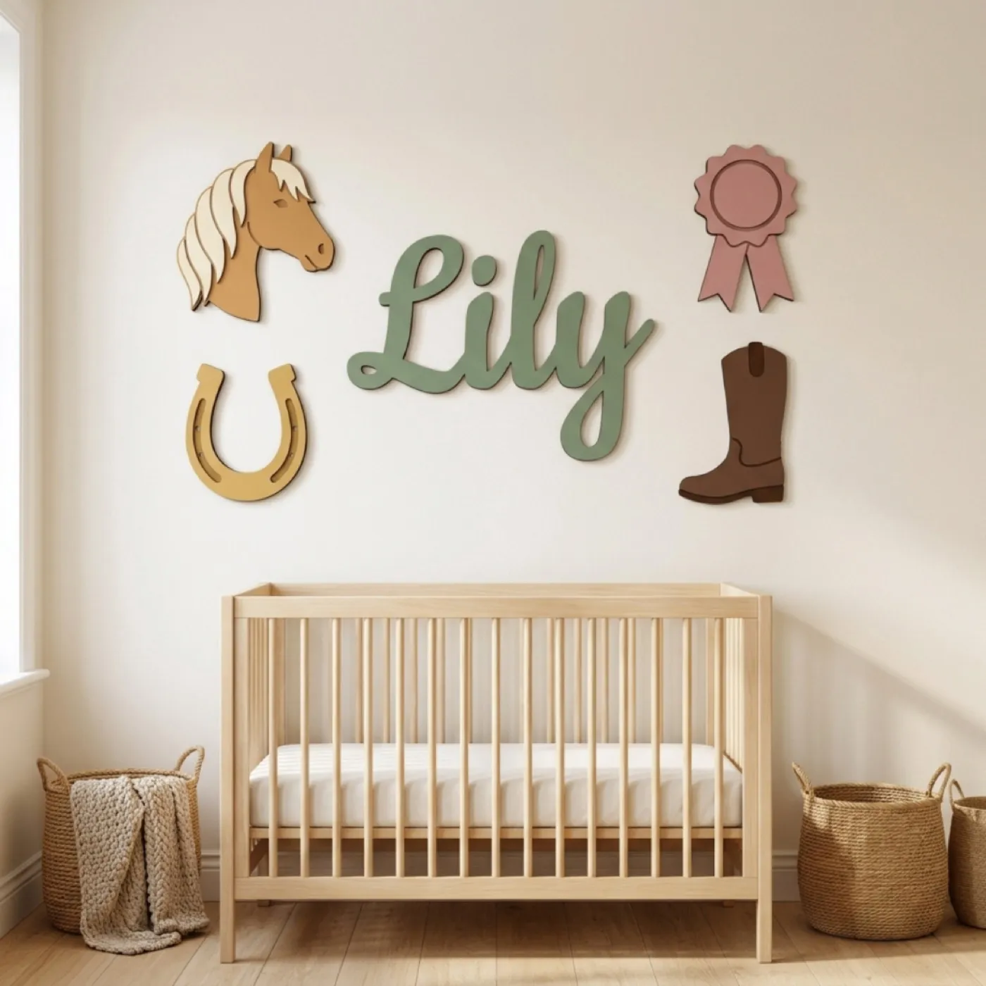 Horse & Ribbons sign with the name Lily above a crib