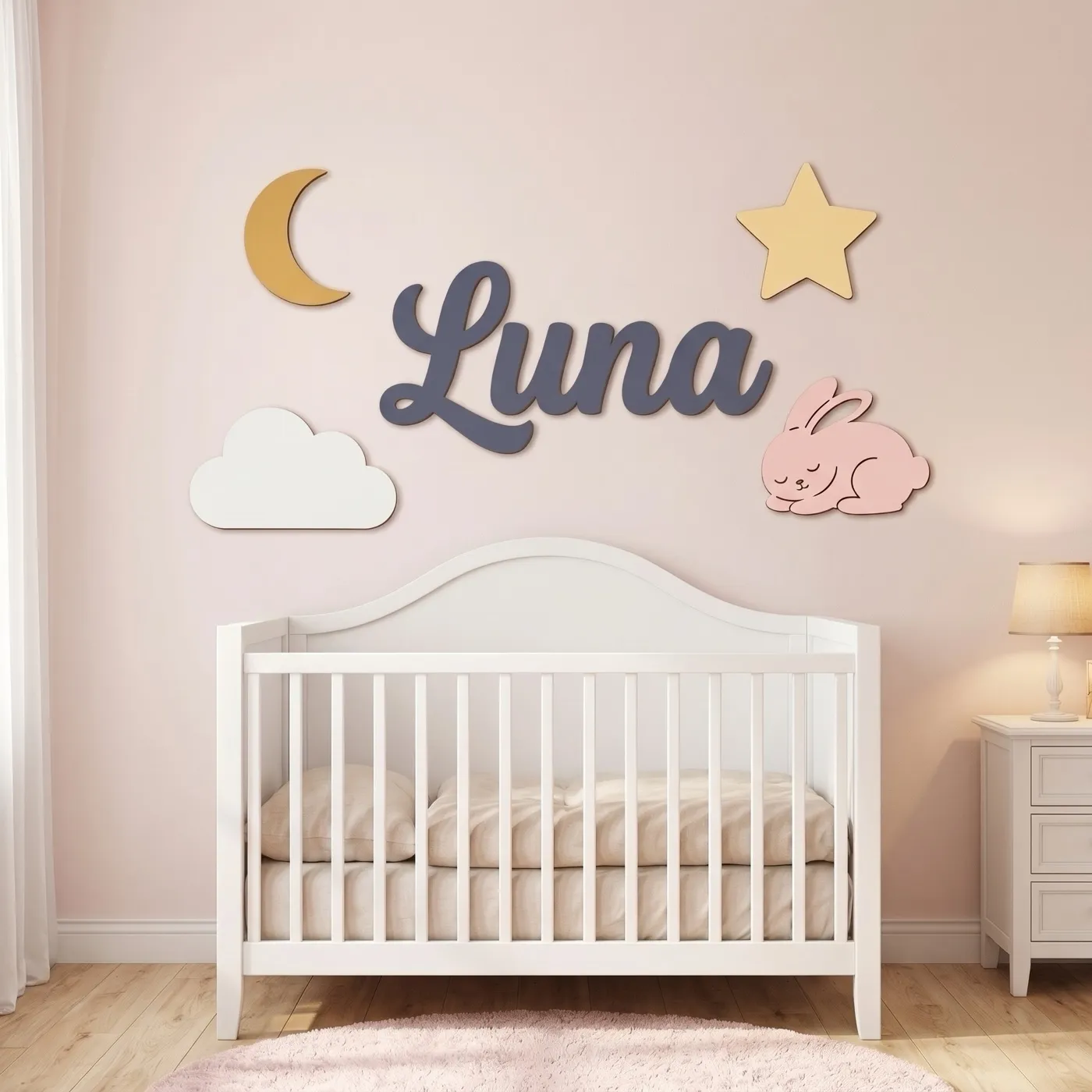 Moon & Stars sign with the name Luna above a crib